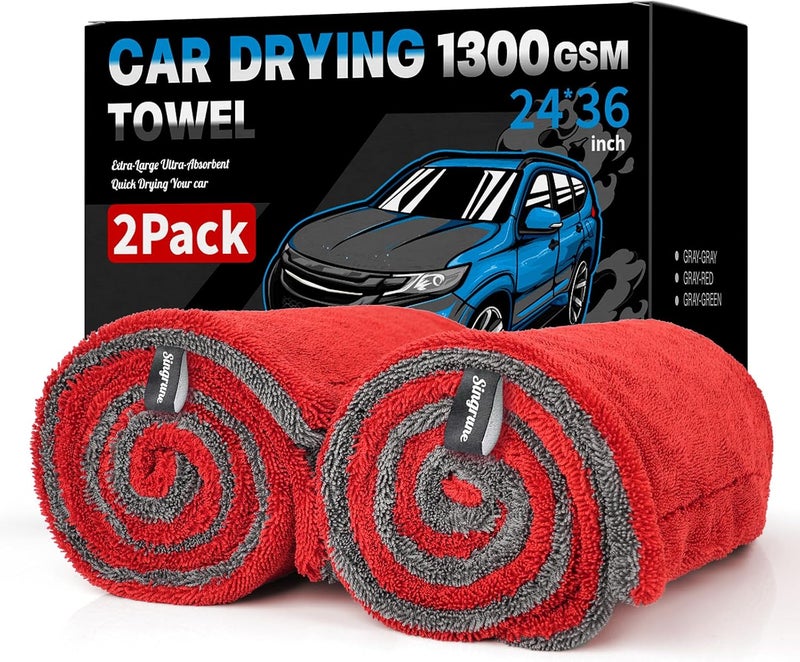 Singrune 2 Pack XL Car Drying Towel – 1300GSM Ultra Absorbent Microfiber, 24"x36" Large Size, Twisted Loop, Lint-Free & Streak-Free for Auto Detailing, Car, SUV, Truck(Gray-RED) - Image 1
